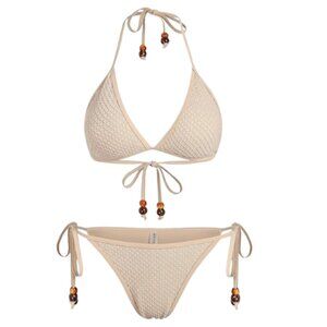 🆕Medium Boho Cream Bikini Set – Textured Beaded Tie Back Halter Cheeky NWT